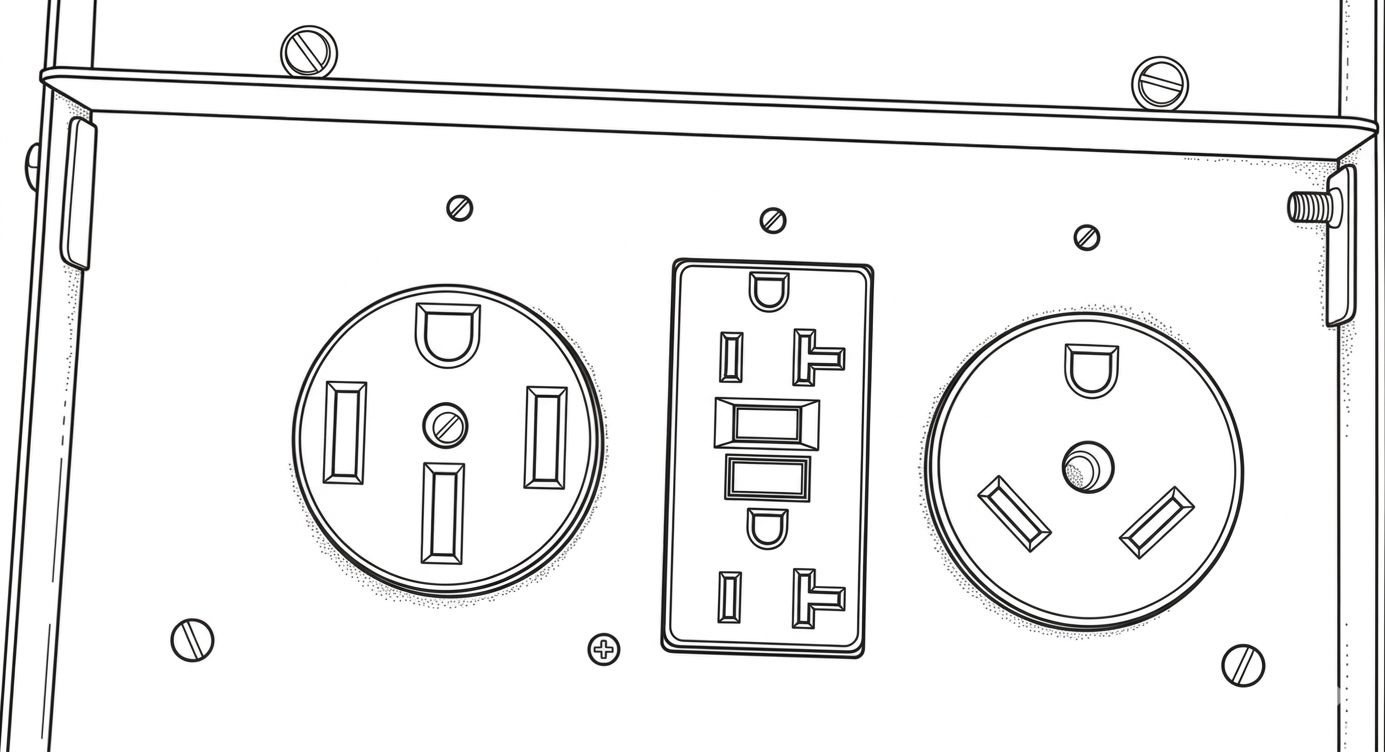 RV park power pedestal showing a NEMA 14-50 outlet, a standard household outlet, and a NEMA TT-30 outlet